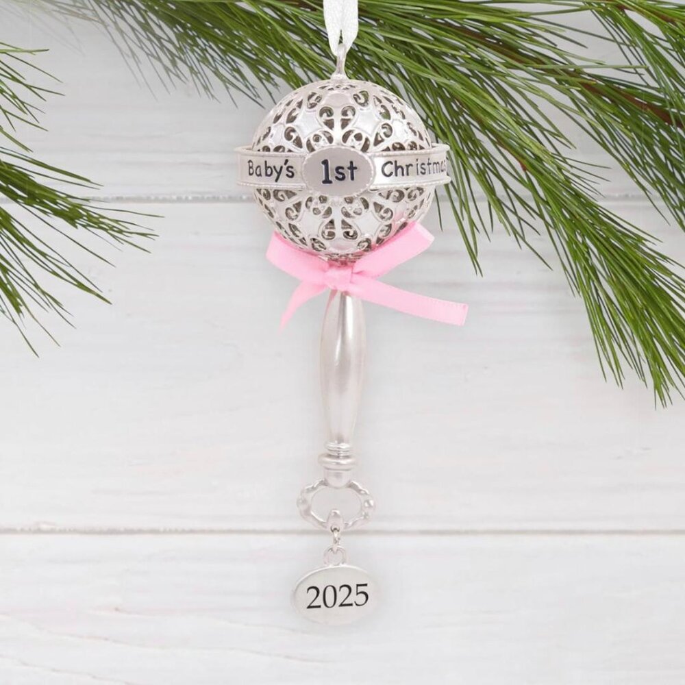 Hallmark Baby's First Christmas Ornament Silver Rattle with Pink Ribbon 2025